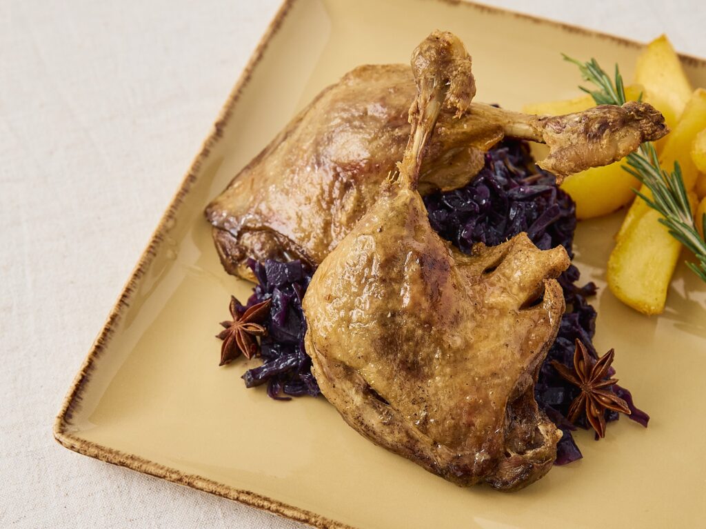 Konfitált kacsacomb párolt lila k...